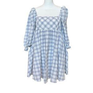 Judith March Babydoll Dress Size Medium Light Blue Gingham Mini Pockets Coquette